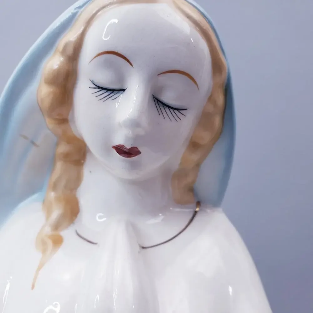 Vintage Virgin Mary Praying Madonna Ceramic Planter Vase Blue Veil Gold Accents